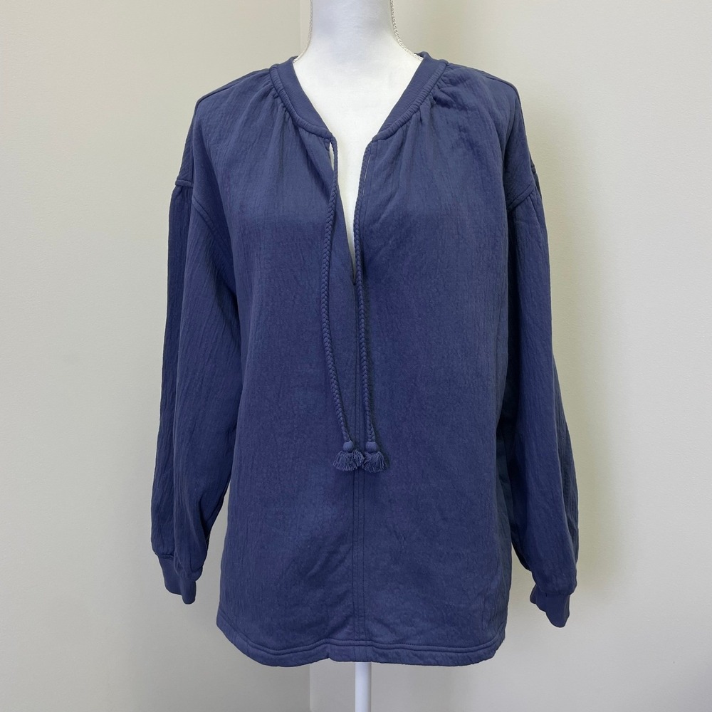 Aerie Womens Small Blue Crinkle French Terry Tassel Tie Pullover Sweatshirt Boho